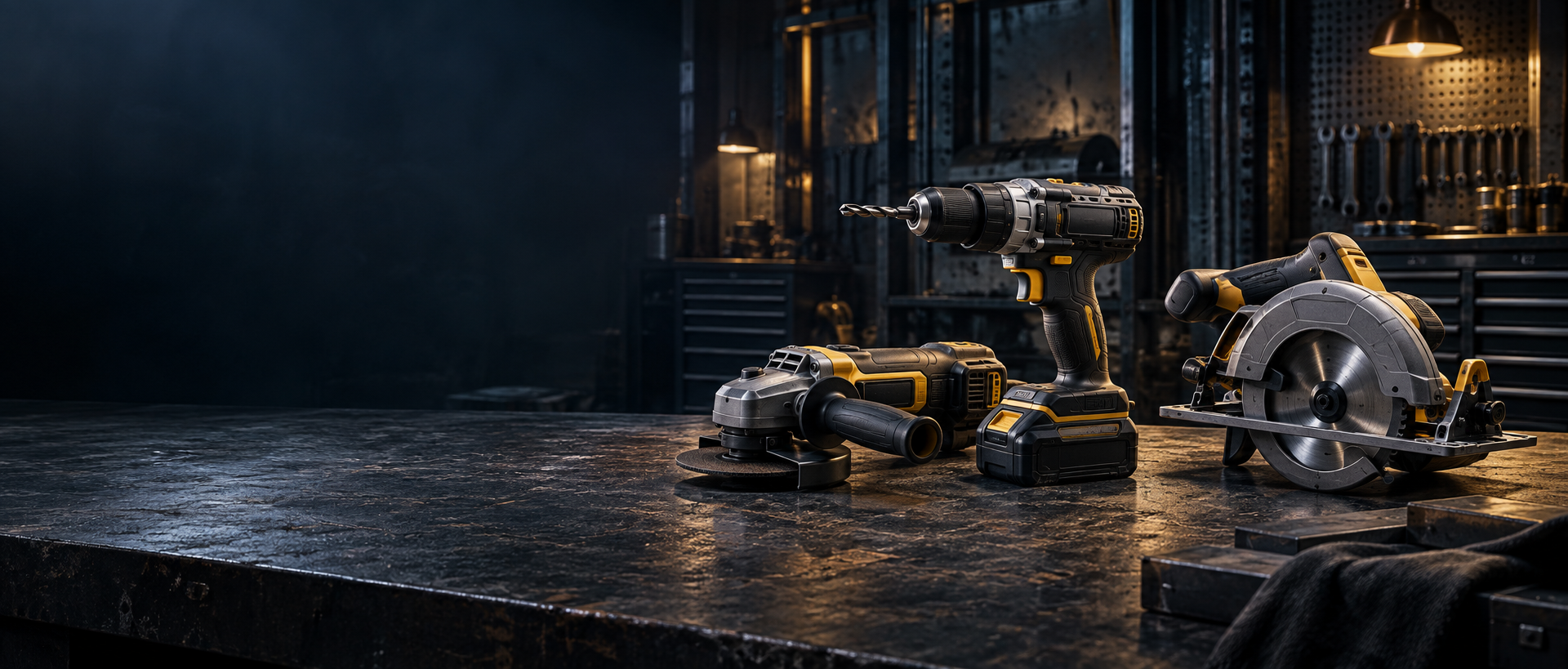 Professional cordless drill, angle grinder and circular saw in a workshop